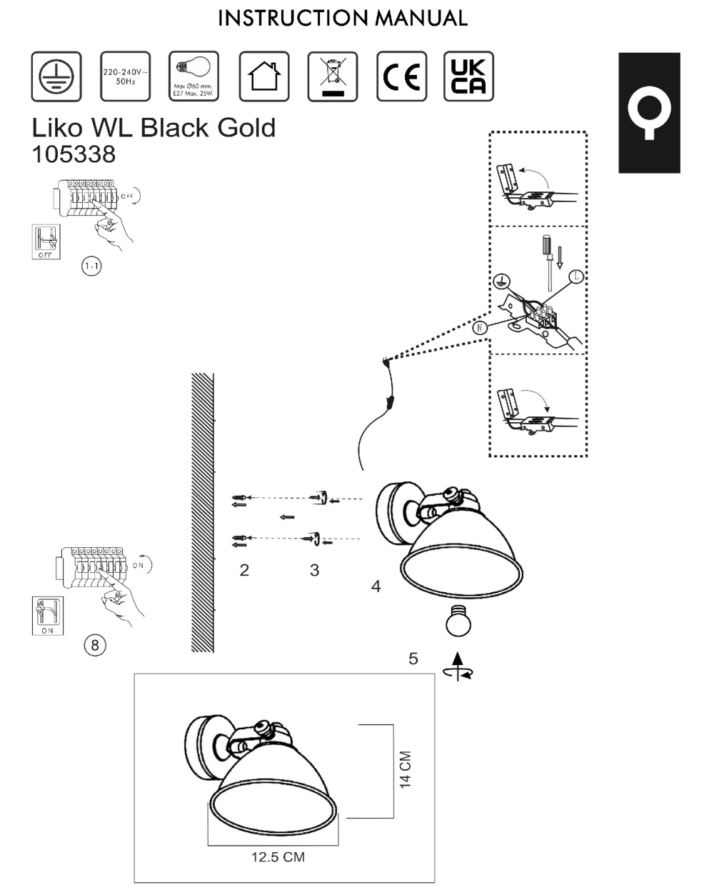QAZQA 105338 Like WL Black Gold Design Wall Light Instruction Manual