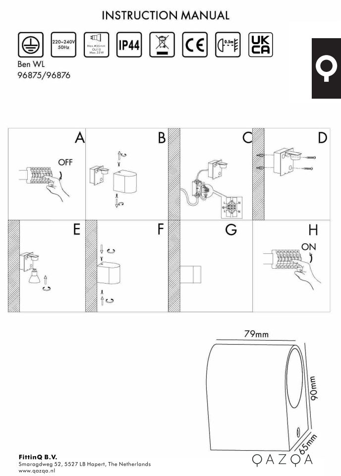QAZQA 96875 Modern Outdoor Wall Lamp Instruction Manual