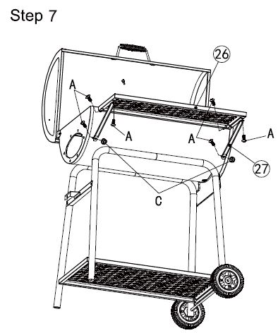 Royal Gourmet CC1830F 30 Inch Charcoal Barrel Grill with offset Smoker Owner's Manual - Assemble one end of the front table support beams