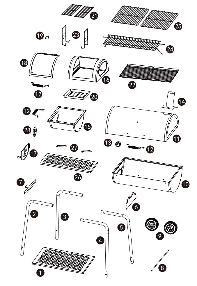 Royal Gourmet CC1830F 30 Inch Charcoal Barrel Grill with offset Smoker Owner's Manual - Parts Diagram