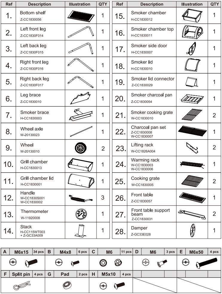 Royal Gourmet CC1830F 30 Inch Charcoal Barrel Grill with offset Smoker Owner's Manual - Parts and Hardware List