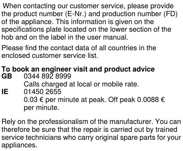 SIEMENS ER6A6PD70D Ceramic Gas Hob Instruction Manual - Customer service