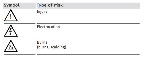 STIEBEL ELTRON SBB Series DHW Cylinder - Symbols, type of risk