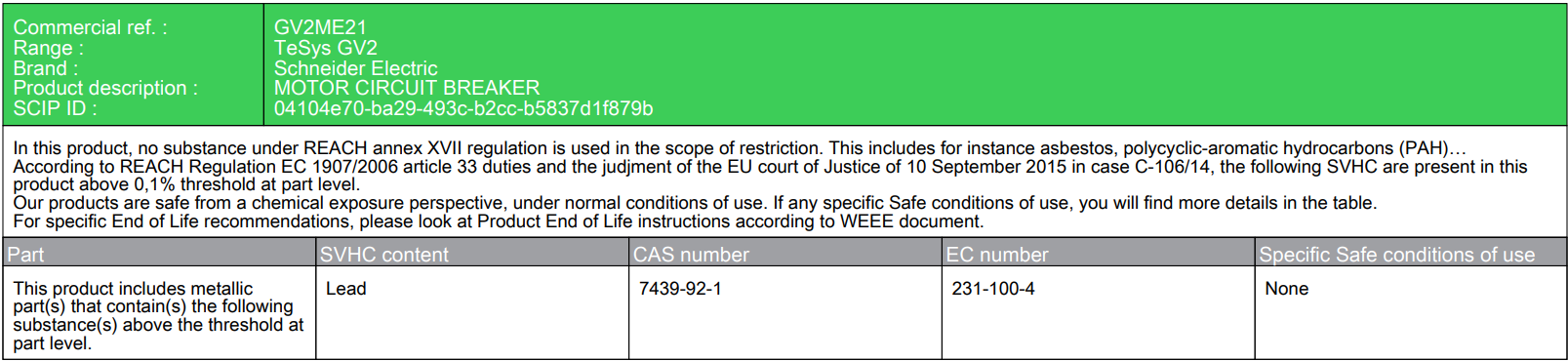Schneider Electric GV2ME21 Motor Circuit Breaker table version of the REACh regulation