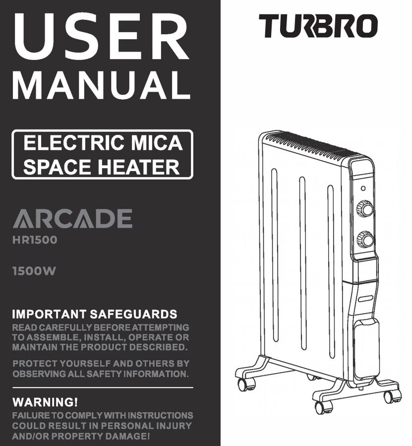 TURBRO Arcade HR1500 1500W Electric Mica Space Heater User Manual