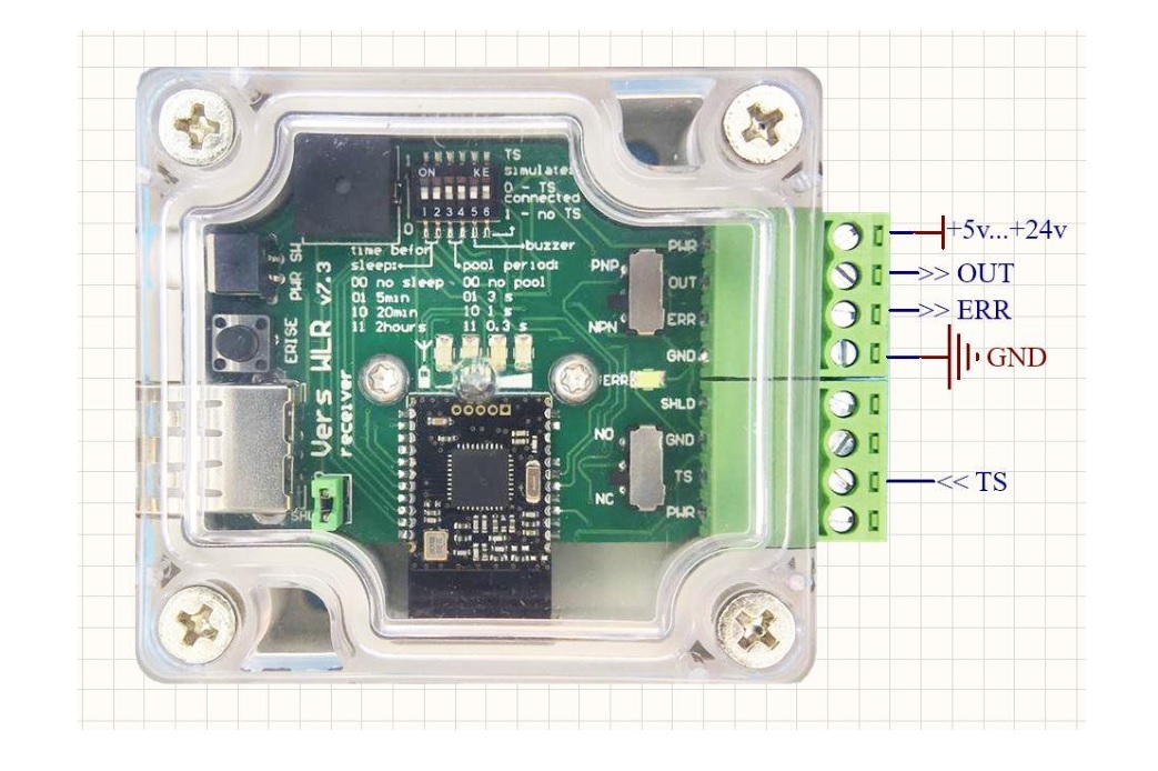 VERS Wireless Touch Probe - Functions of switches and pinout of the receiver connector.