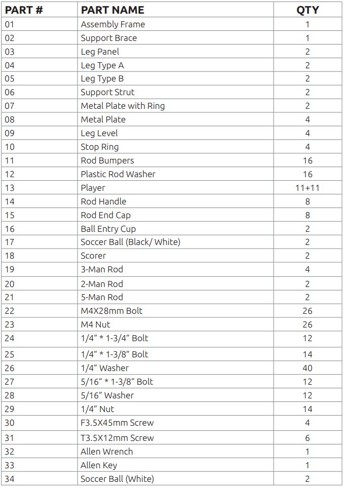 VIAVITO FT500 Football Table Owner's Manual - Parts List