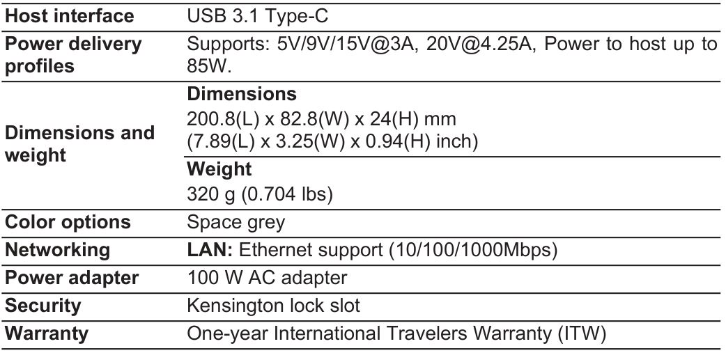 acer USB Type-C Gen1 Dock - Specification