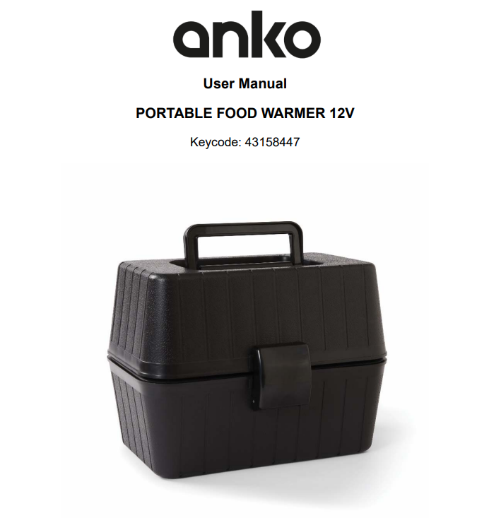 anko 43158447 12v Portable Food Warmer user manual