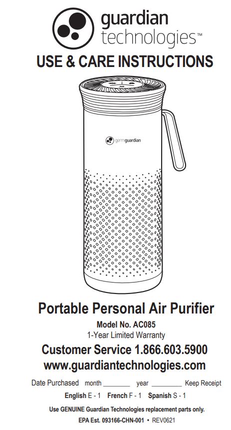 guardian technologies AC085 Portable Personal Air Purifier Instruction Manual