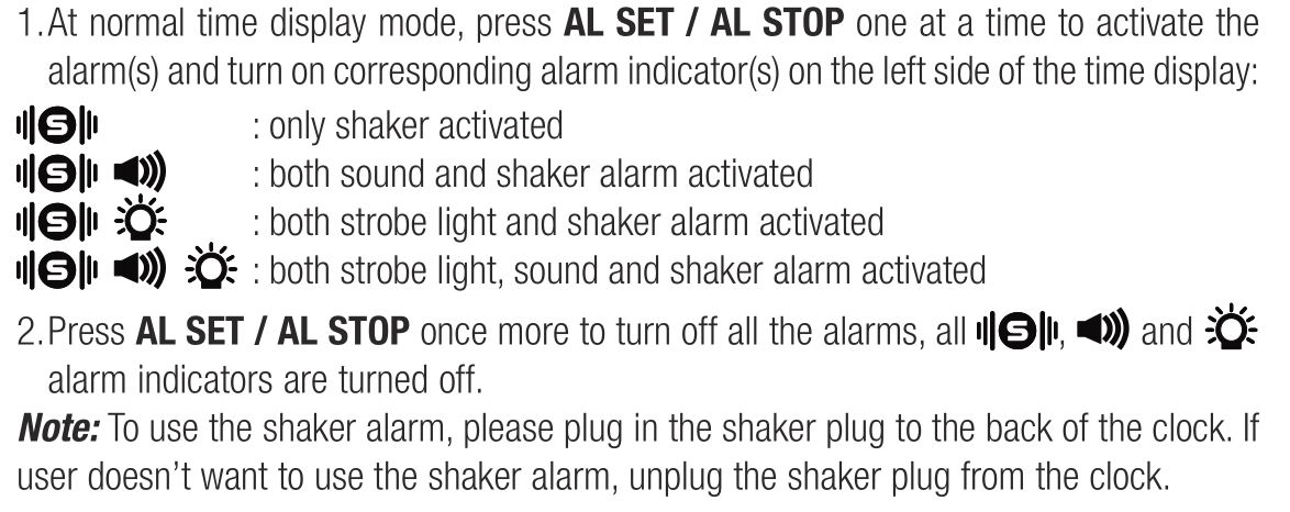 oricom OR021880-WNS100 Wake 'N' Shake Loud Alarm with Jumbo Display - TO TURN ON OFF AND SELECT THE ALARM MODE