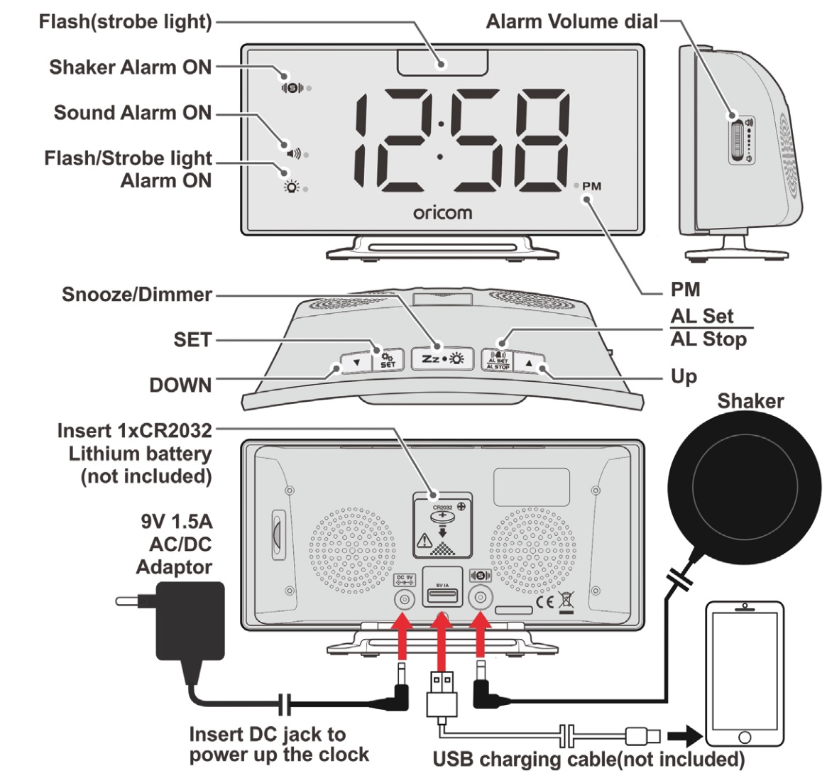 oricom OR021880-WNS100 Wake 'N' Shake Loud Alarm with Jumbo Display - overview