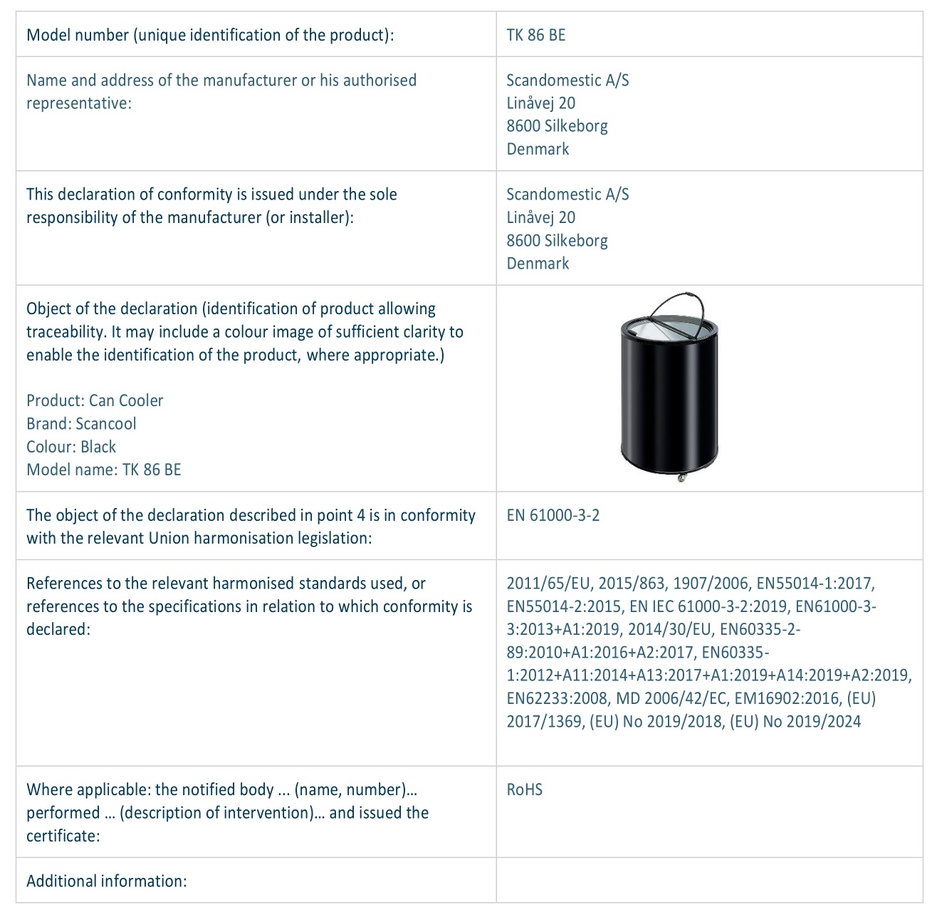 scan COOL TK 86 BE Professional Coolers - Ref. Ares In accordance with EN ISO 17050-1 2004 3