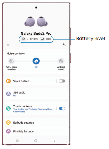 Samsung Galaxy Buds2 Pro R510 Galaxy Wearable app Battery level